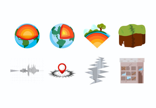 Red Seismic Crust Disaster Layer Crack Icons Set