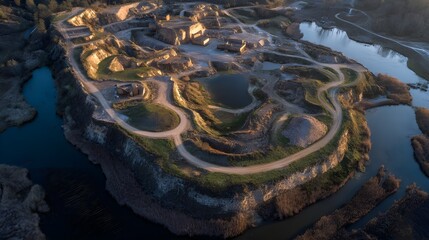 Meticulously reclaimed old quarry basin compacted terrain transformed into sustainable landscape featuring flora biodiversity enhancement