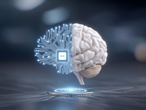 Digital brain concept, futuristic split design showing human and AI integration, symbolizes technology and innovation.