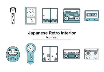 昭和レトロな日本のインテリアアイコンセット｜こけし、ダルマ、柱時計、ふすま、ラジカセ、カセットテープ（単色カラー）