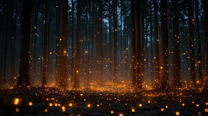Naklejka premium Enchanting forest at night, lit by bioluminescent fireflies