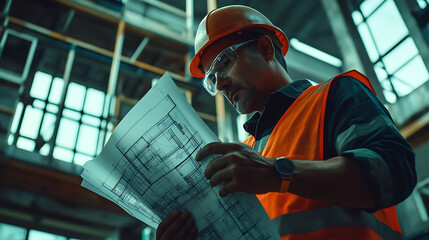 Construction Worker Reviewing Blueprint