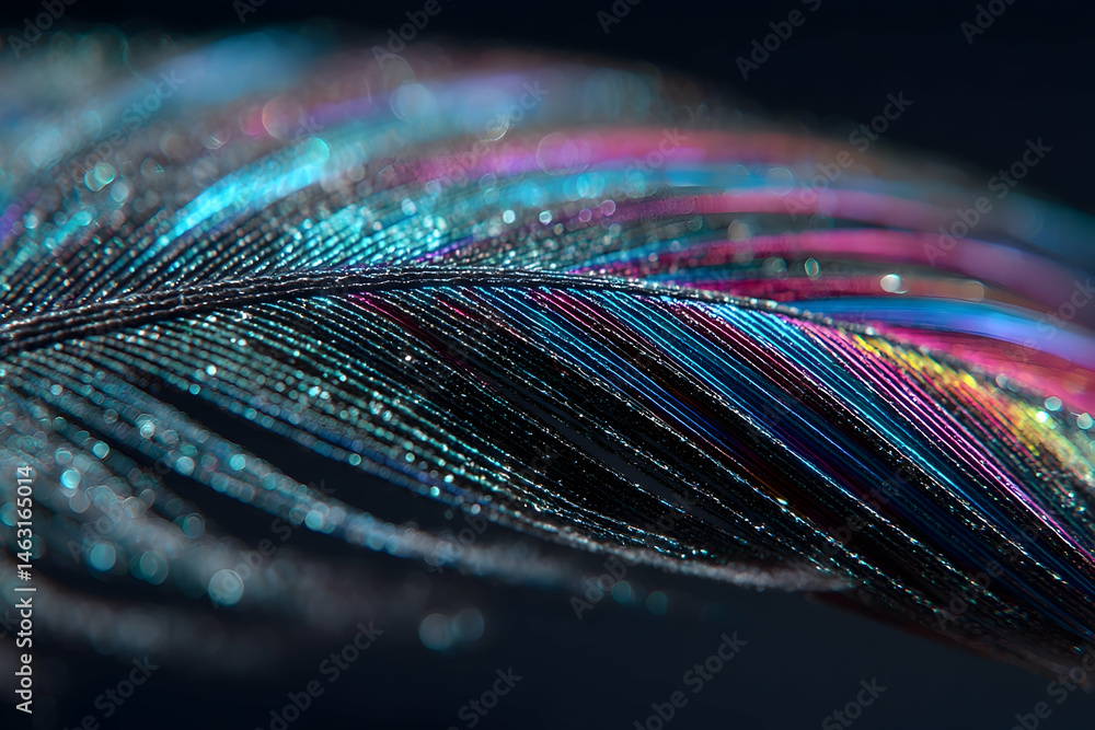 Poster close-up view of a multicolored feather's intricate texture.