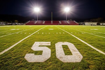 Night view of a football field with stadium lights.  The 50 yard line is clearly marked