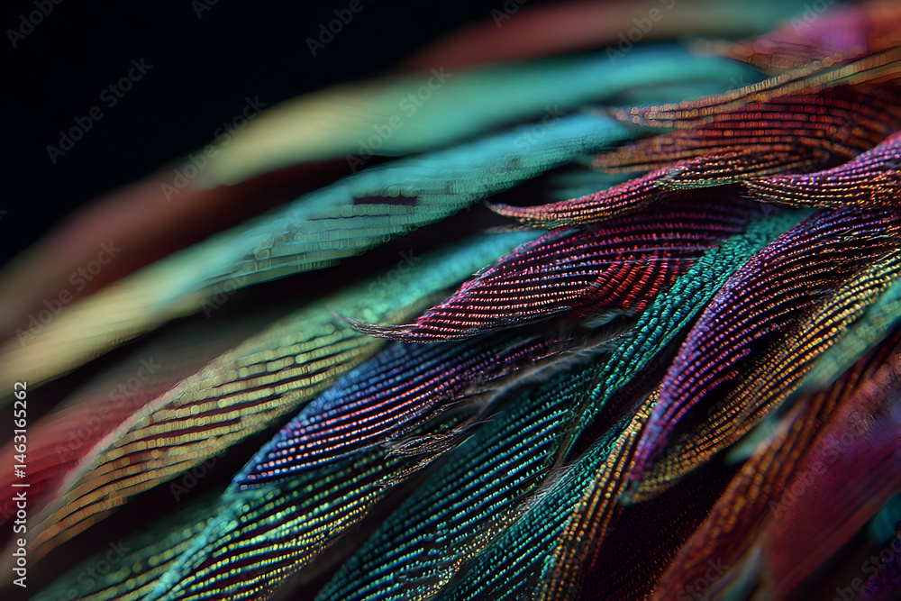 Poster close-up view of vibrant bird feathers showcasing intricate textures and colors.