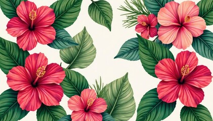 Bold vibrant hibiscus blooms, tropical seamless print, plant, floral print, tropical background