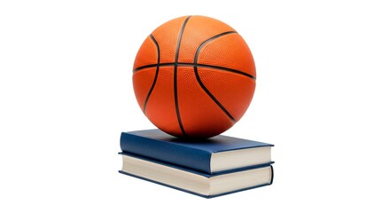 Basketball resting atop a stack of two blue covered books on a plain white background studio shot view