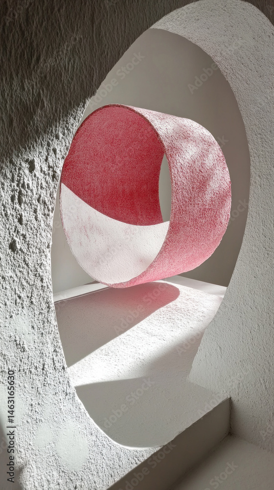Poster a large, red and white circle is suspended in the air, with a smaller, white circle surrounding it. 