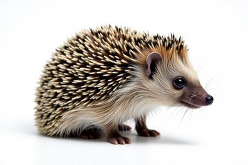 Fototapeta premium Close-up of a hedgehog, facing right, on white, profile, solitary, nature