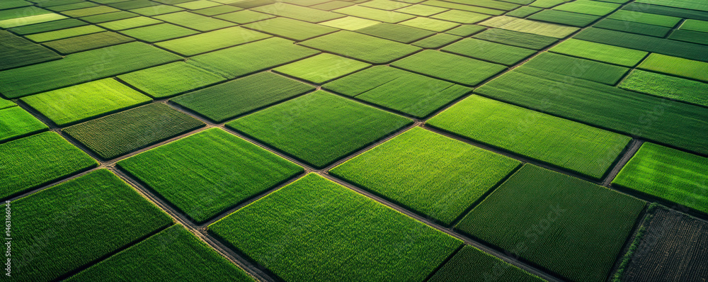 Poster a field of green grass with a checkerboard pattern. the field is large and lush, with many different