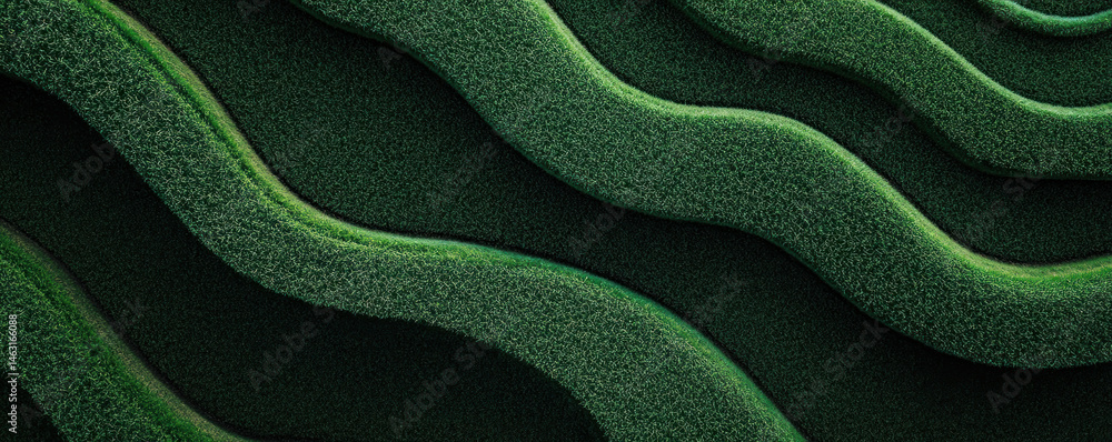 Poster a lush green hedge with a wavy pattern is the main focus of the image. the hedge is full and dense, 
