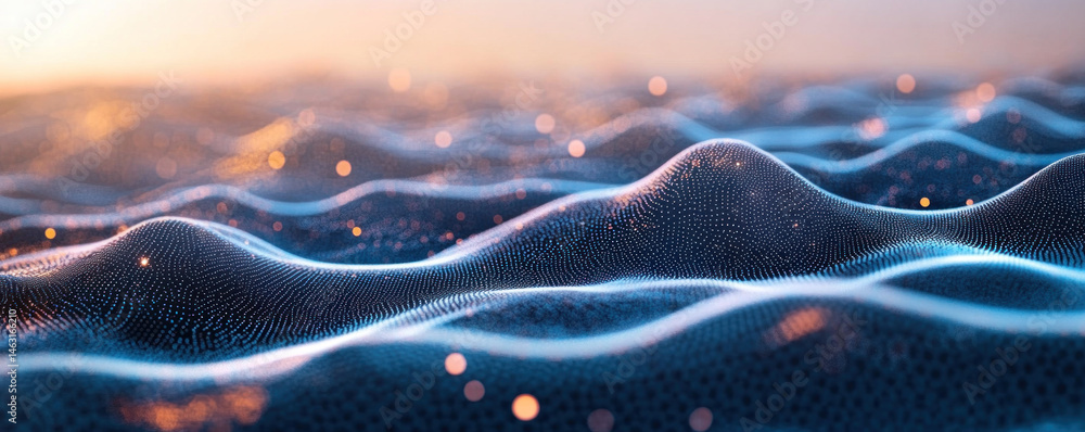Poster the image is a computer generated image of a wave with a lot of sparkles. scene is dreamy and ethere