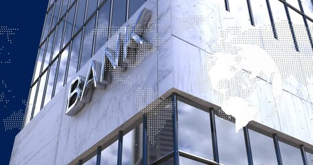 showcasing 3D render chrome BANK letters on marble facade, overlaying world map across glass panels - Powered by Adobe