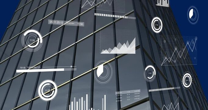 Skyscraper facade displaying data overlays with circular timers, pie chart and numeric readouts