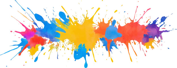 Colorful Horizontal Watercolor Paint Splash, Vibrant Ink Splatter on White Background