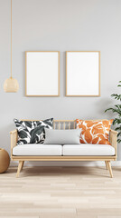 A wooden sofa sits in a bright living room with two blank framed artworks.