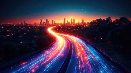 Fototapeta premium A vibrant cityscape at dusk with illuminated roads leading into the skyline.