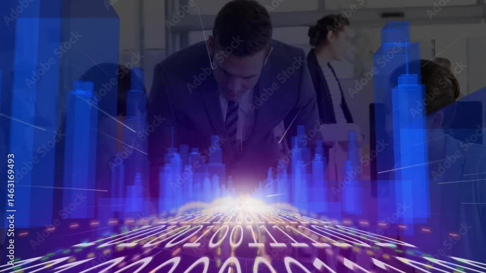 Poster man leaning over table in office examining holographic bar charts and binary code for business tech