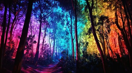 Colorful illuminated forest path at night.