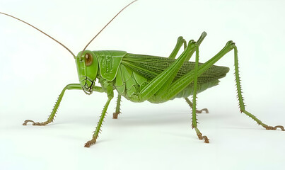 Vibrant green grasshopper, detailed close-up showcasing intricate textures and delicate features against a clean white background. Ideal for nature, insect, or scientific publications.