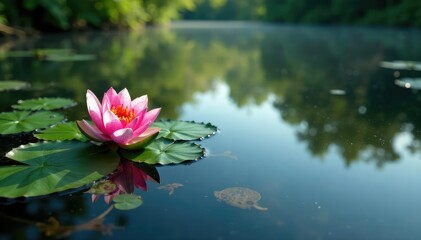Intricate floral pattern of water plants mirrored on a still lake , water, still