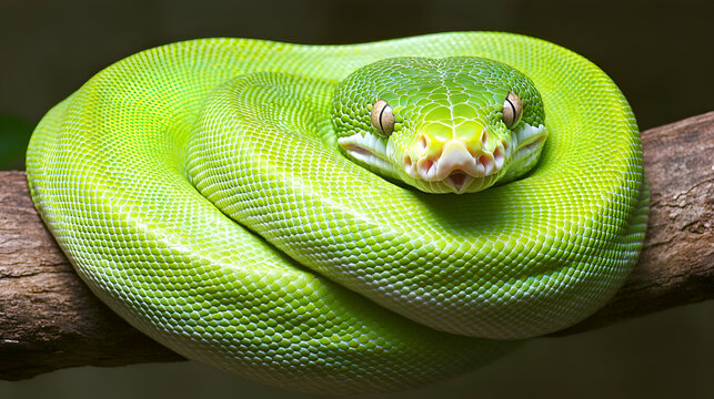 Vibrant green tree python coiled on a branch, showcasing its intricate scales and captivating gaze.  A stunning close-up wildlife image.