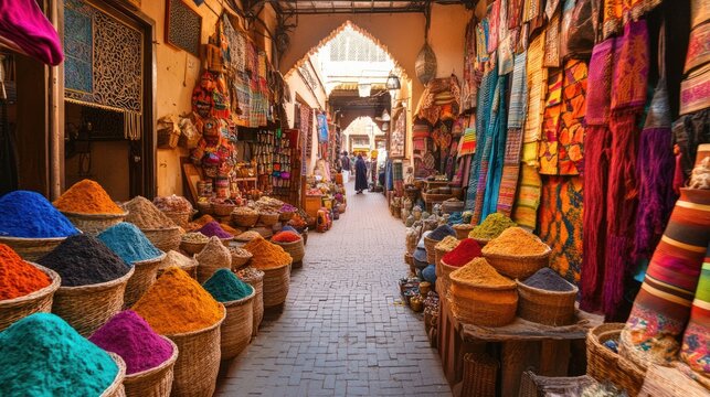 Vibrant marketplace scene with spices and textiles in a Marrakesh souk