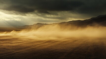 Wind whips sand across desert floor under dramatic sky