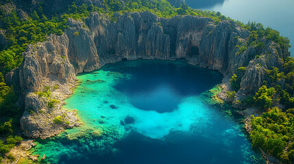 Aerial View of a Turquoise Lagoon Surrounded by Lush Green Cliffs