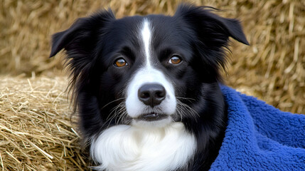 Fototapeta premium A charming Border Collie dog wrapped in a cozy blue blanket, sits calmly amidst golden hay bales. Its expressive eyes and serene demeanor are captivating.