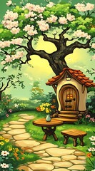 Fototapeta premium Enchanting fairy tale landscape, quaint home nestled beneath blossoming tree
