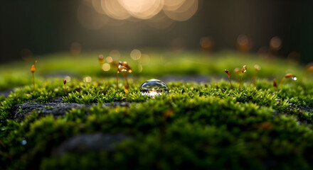 Obraz premium Glistening Orb Of Dew On Verdant Moss In The Morning Sunlight