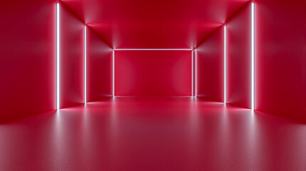 Obraz premium A stark red room is illuminated by vertical light strips creating a dramatic, enclosed space.