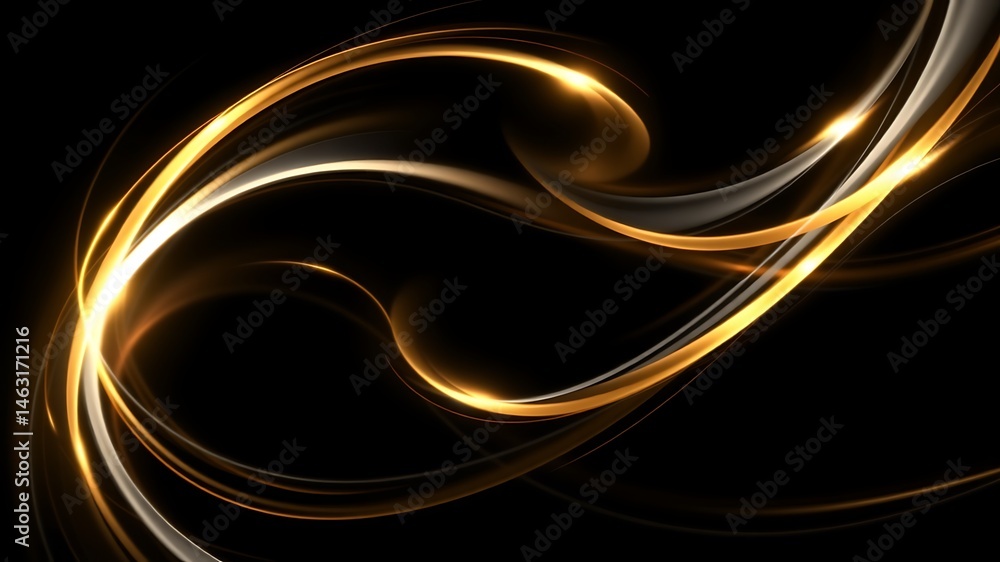 Aufkleber abstract golden glowing lines in swirling pattern on a black background for design