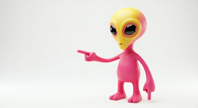 alien pink and yellow pointing on white background