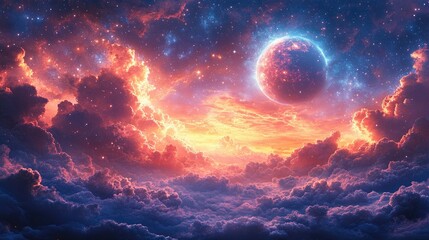 Fototapeta premium A vibrant cosmic scene showcasing a colorful sky with clouds and a distant planet.