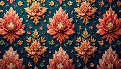 Opulent floral damask, rich color palette, vintage vibe, print, design element