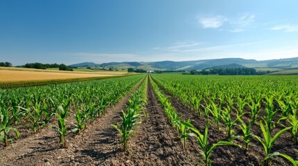 Cornfield Row Under Clear Blue