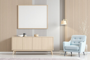A light-filled room showcases a wooden sideboard and a blue armchair with a blank white .