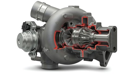 Fototapeta premium Automotive Turbocharger Cross Section Showing Compressor and Turbine Wheels Detail