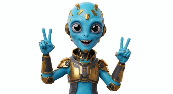 alien blue and golden make gesture on white background