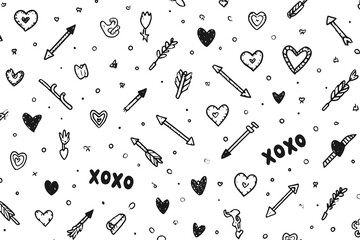 Valentine's Day Pattern: A handcrafted pattern of hearts, arrows, and decorative elements intertwine, suggesting love and affection in a charming graphic style. 