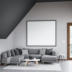 A gray sectional sofa with a large blank frame dominates a modern living room.