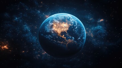 A vibrant depiction of Earth surrounded by a cosmic backdrop of stars and nebulae.