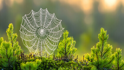 Dew-kissed spiderweb nestled amongst vibrant green pine saplings at sunrise, creating a serene nature scene.