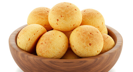 Close-up of pão de queijo (Brazilian cheese bread) stacked in a rustic bowl on a white background, isolated for product presentation