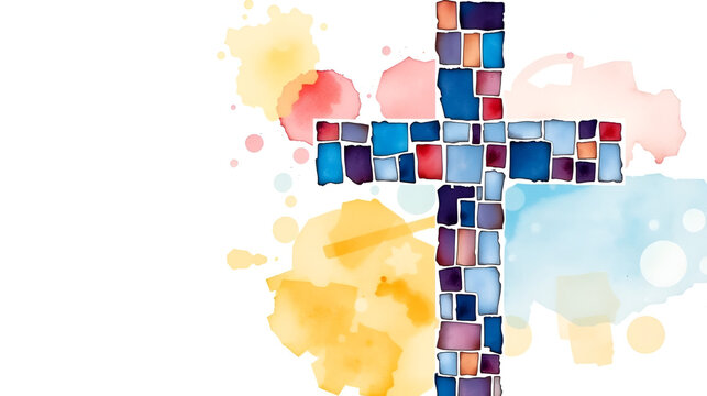 Abstract cross crafted from mosaic tiles in minimalist watercolor style