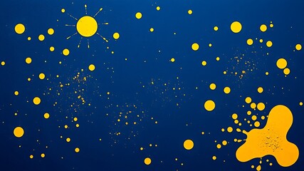 Abstract yellow ink splatters and circles against a deep blue background illustration