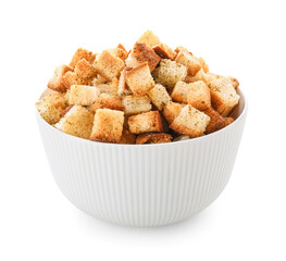 Bowl with crunchy croutons on white background