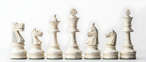 White Chess Pieces Arranged In A Row On A White Background